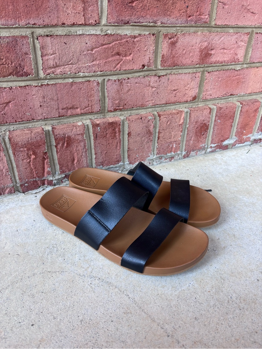 Reef Women's Black and Tan Double Strap Slide Sandals